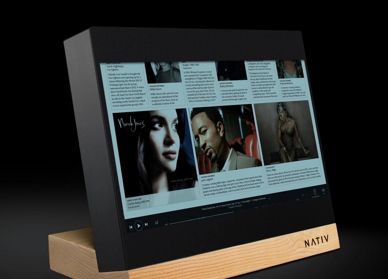 In addition to playing music, the Nativ Sound Vita provides information about artists, albums, and tour dates and locations