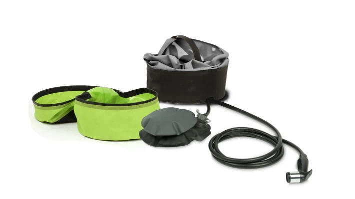 The Helio has a foot pump, carry case, water holder and 7-foot (2.1-m) shower hose