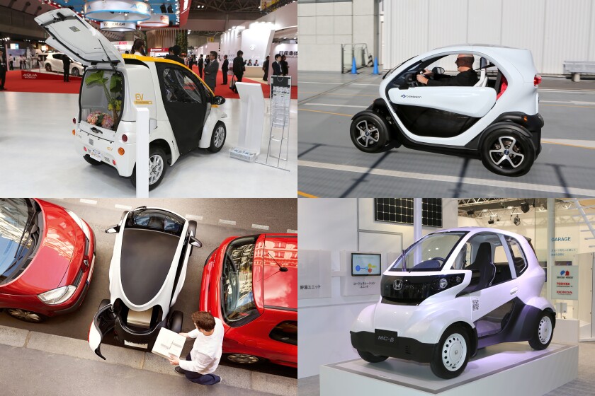 Many more miniature, narrow-track cars with electric power trains are coming to market over the next few years. From top left clockwise, Toyota's COMS, Nissan's Mobility Concept, Honda's MC-β and Renault's new Twizy Cargo