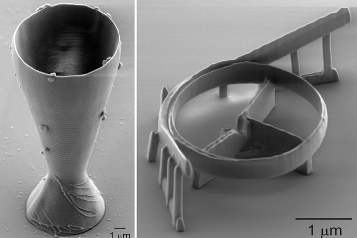 Left: The tiny, 3D-printed wine glass. Right: An optical resonator, an example of a fiber optics component that can be 3D printed through the new technique