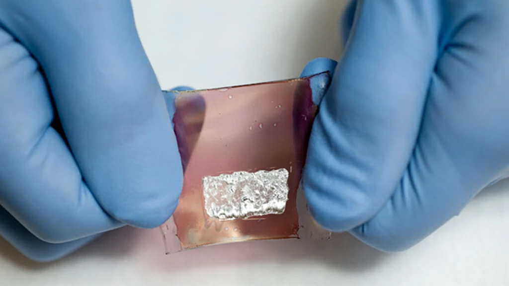 The flexible organic transistor, made with flexible polymers and carbon-based materials, that forms the foundation for the artificial skin (Image: L.A. Cicero)