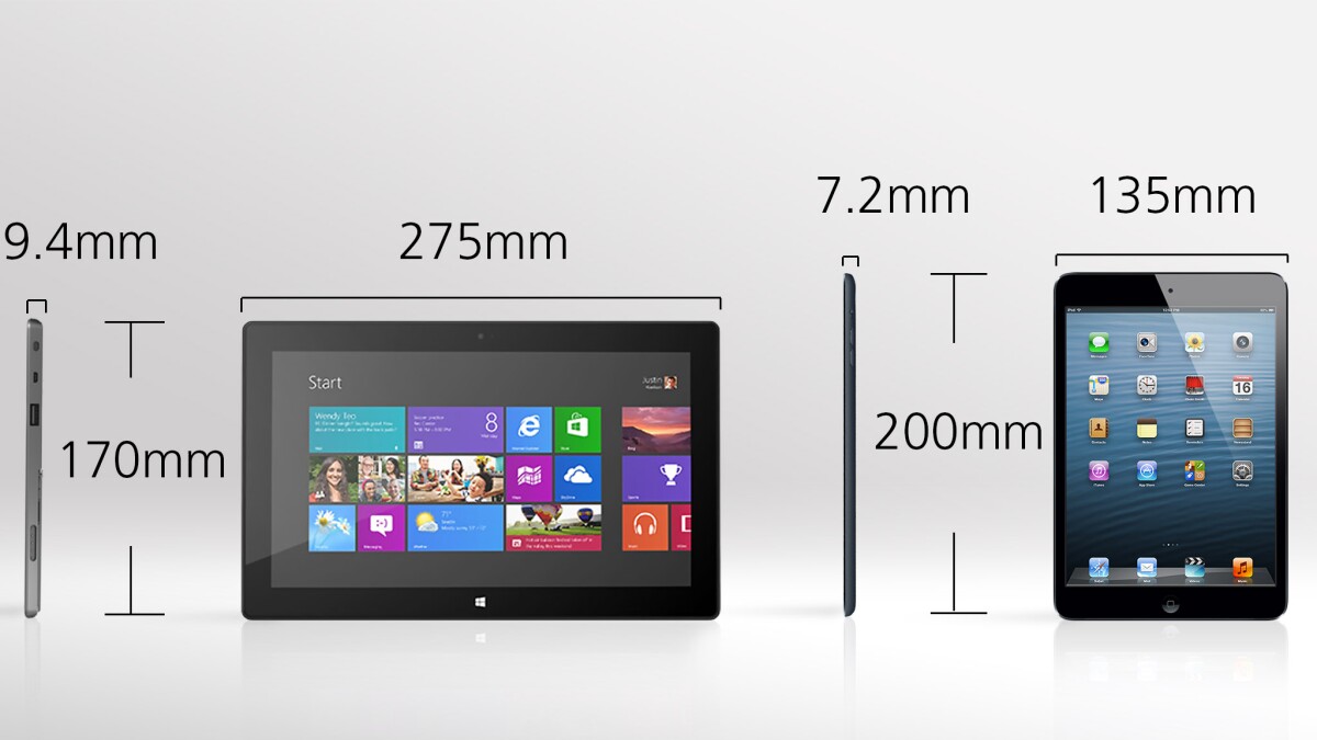 The Surface RT is a much larger tablet, though the iPad mini is quite a bit thinner