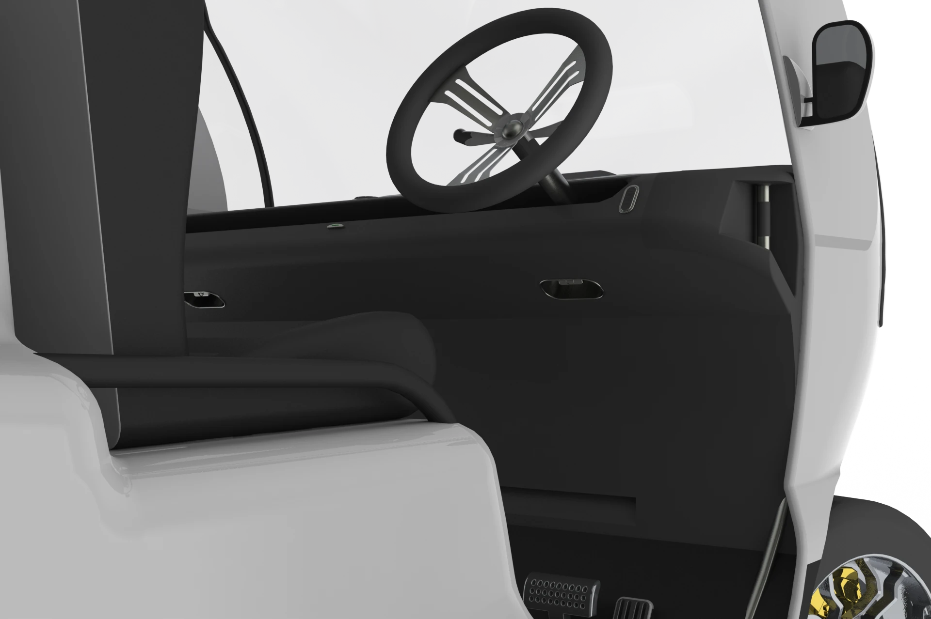 The driver can reposition the steering wheel on either the left or right of the Bug-E by sliding it along a track in the dashboard
