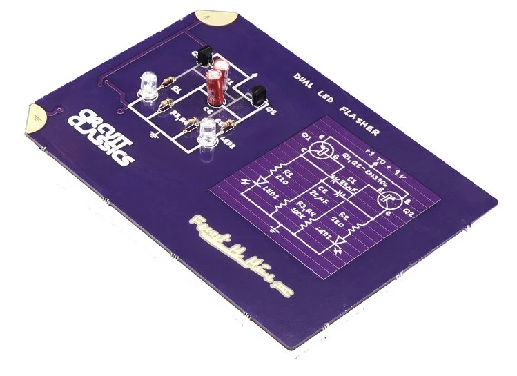 Forrest M. Mims' hand-drawn diagrams accompany every circuit, directly silk-screened on the boards