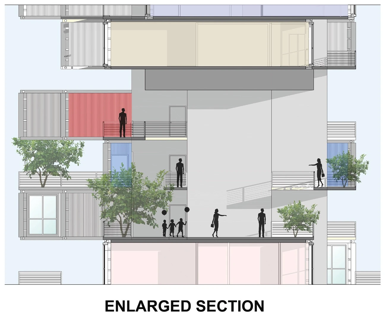 The interior is spacious and each apartment comprises three containers joined together