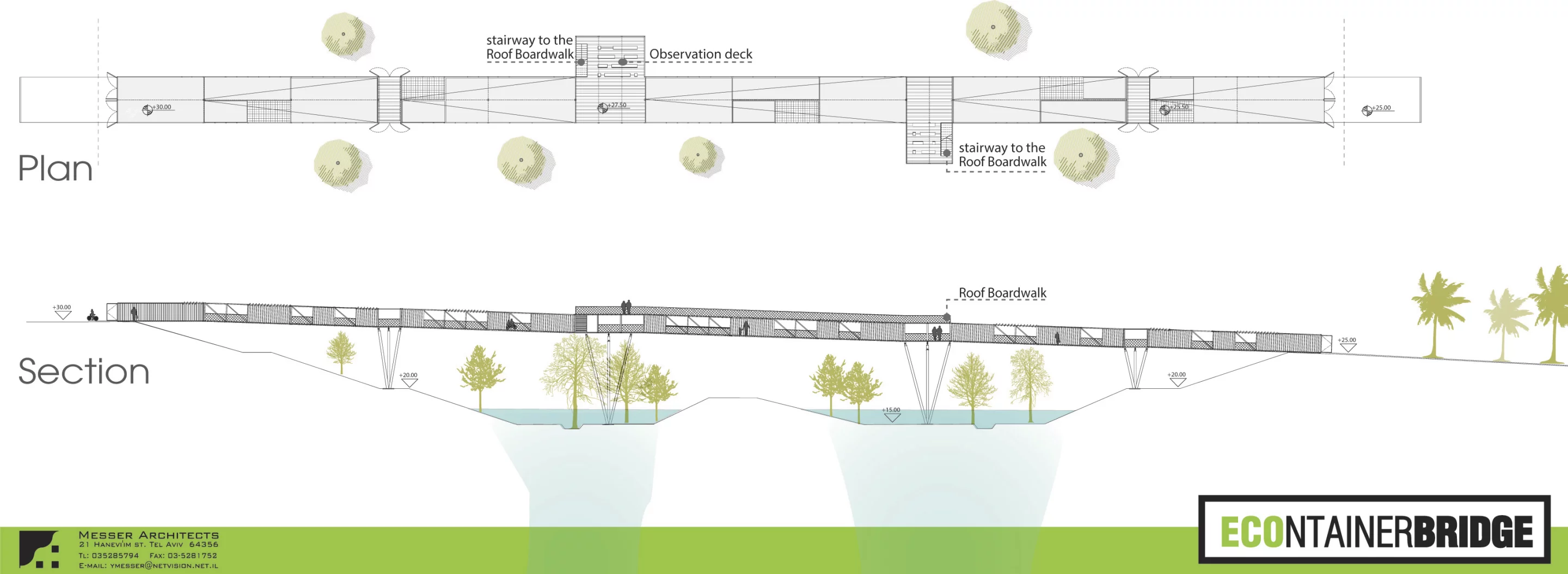 The "Econtainer" bridge in plan and elevation (Image: Yoav Messer Architects)