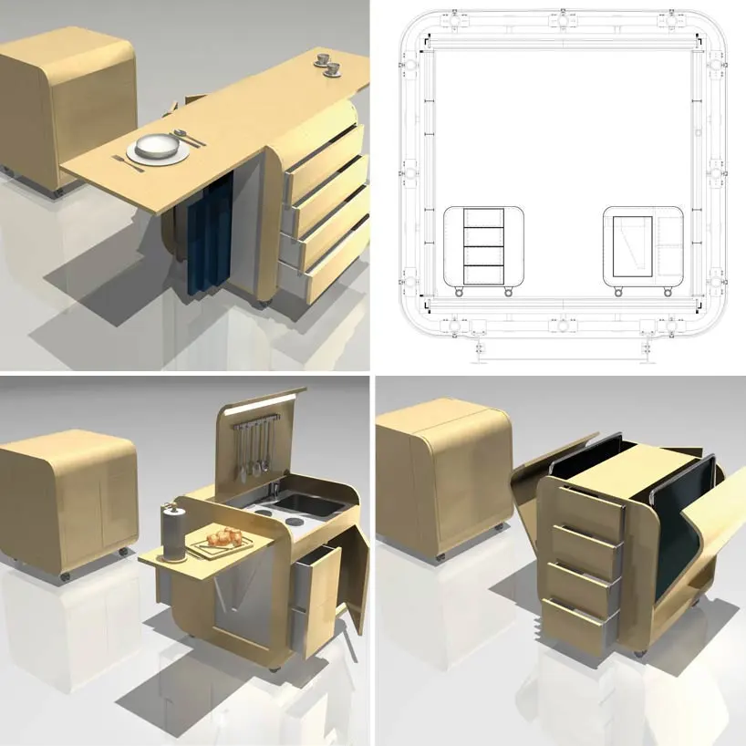 Interior furnishings units transform rooms into a bathroom, kitchen or living room within minutes (image: Gabriel Aramu)