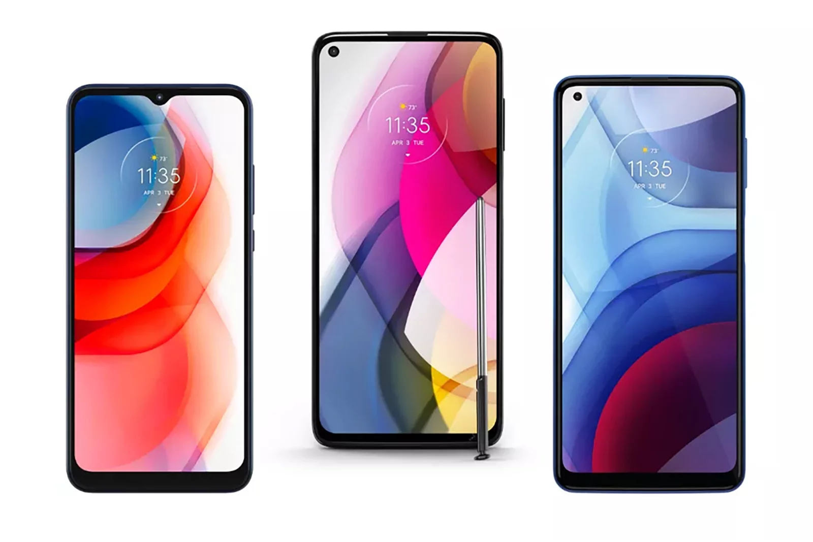 The 2021 Moto G Play (left), Moto G Stylus (center), and Moto G Power (right)