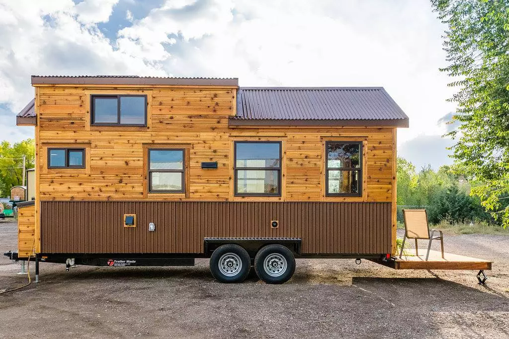 Davis's 22 ft Off-Grid Tiny Home with deck in lowered position