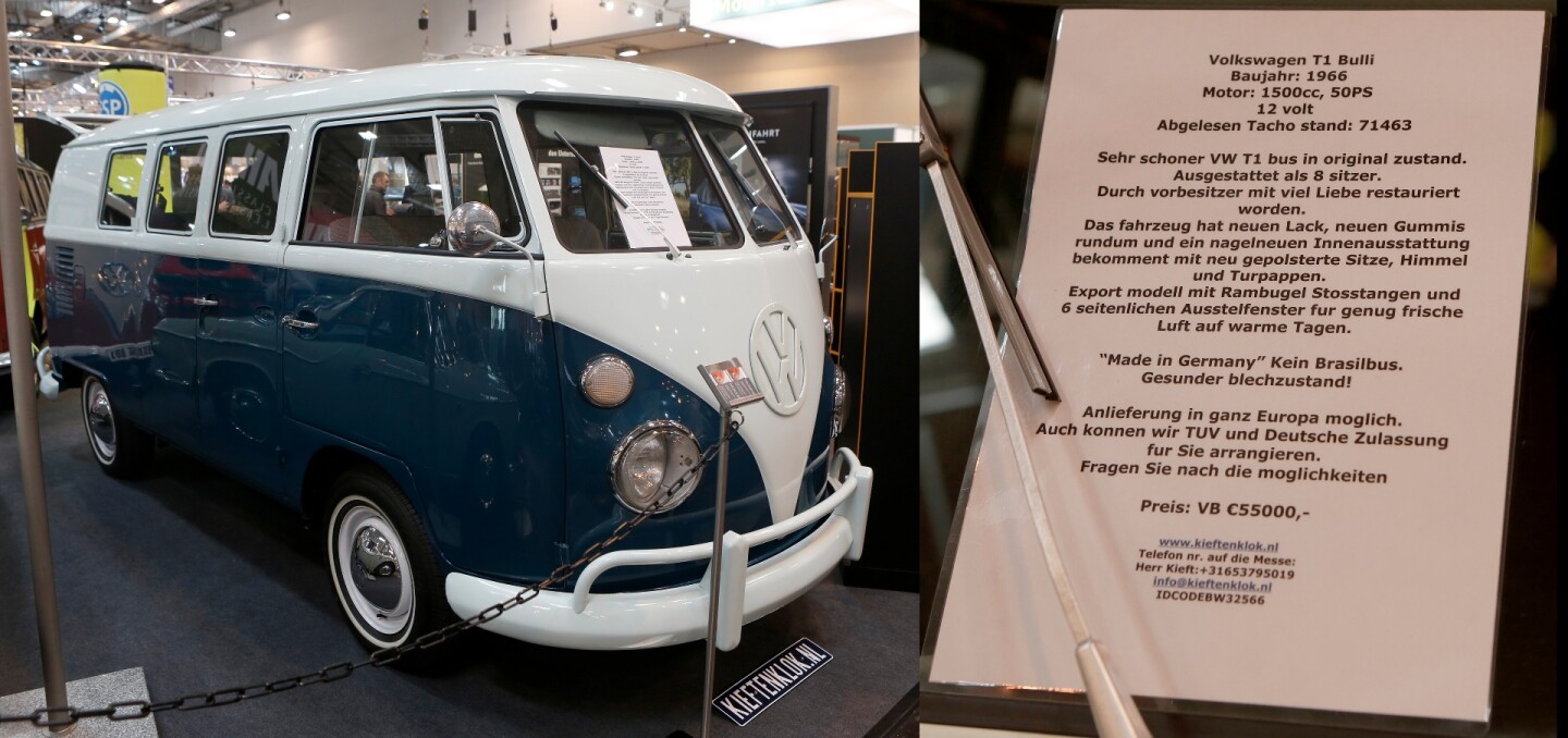 Many vintage Volkswagen T2s were available for purchase on the floor at Techno Classica in 2016.