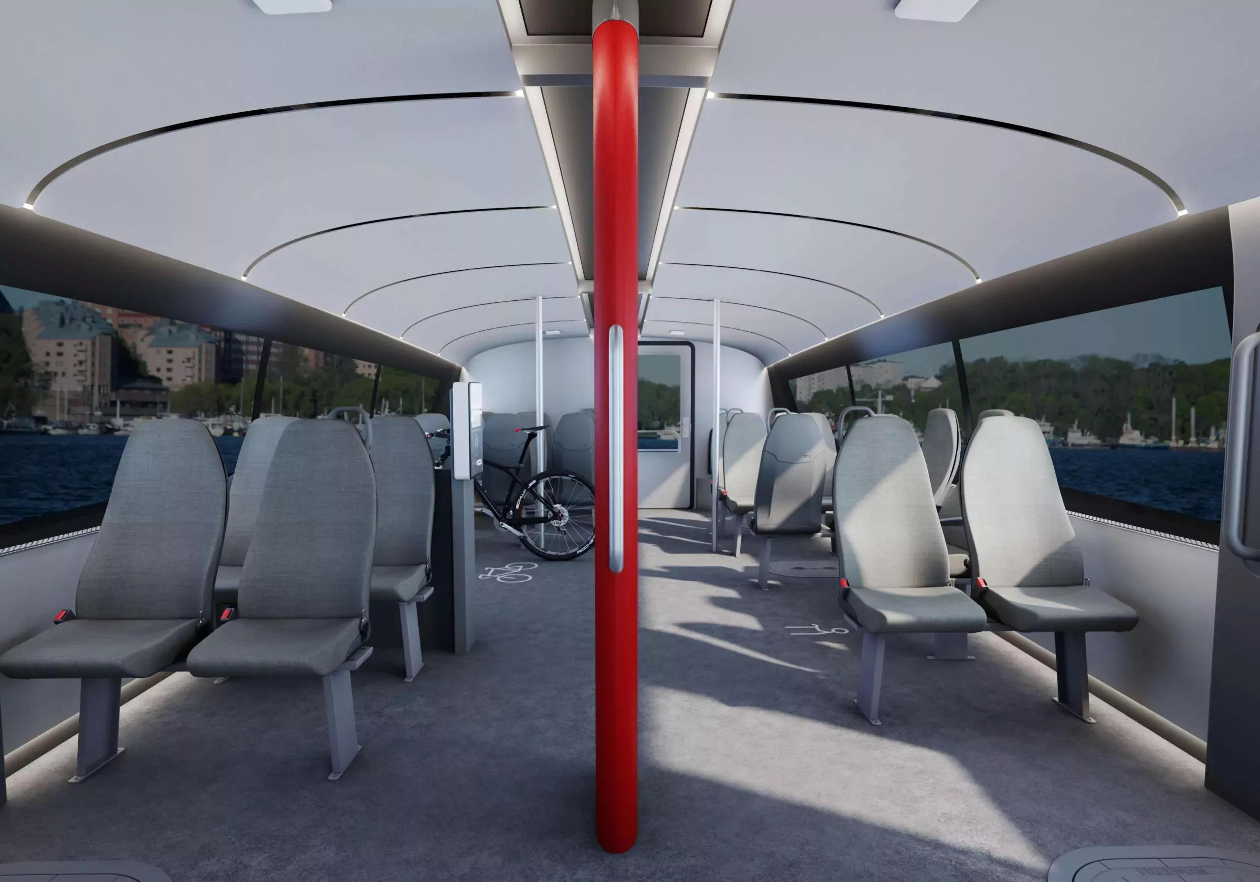 The likely interior configuration for the P-12 foiling electric ferry on its way to Lake Tahoe, which can accommodate 30 passengers as well as ski equipment