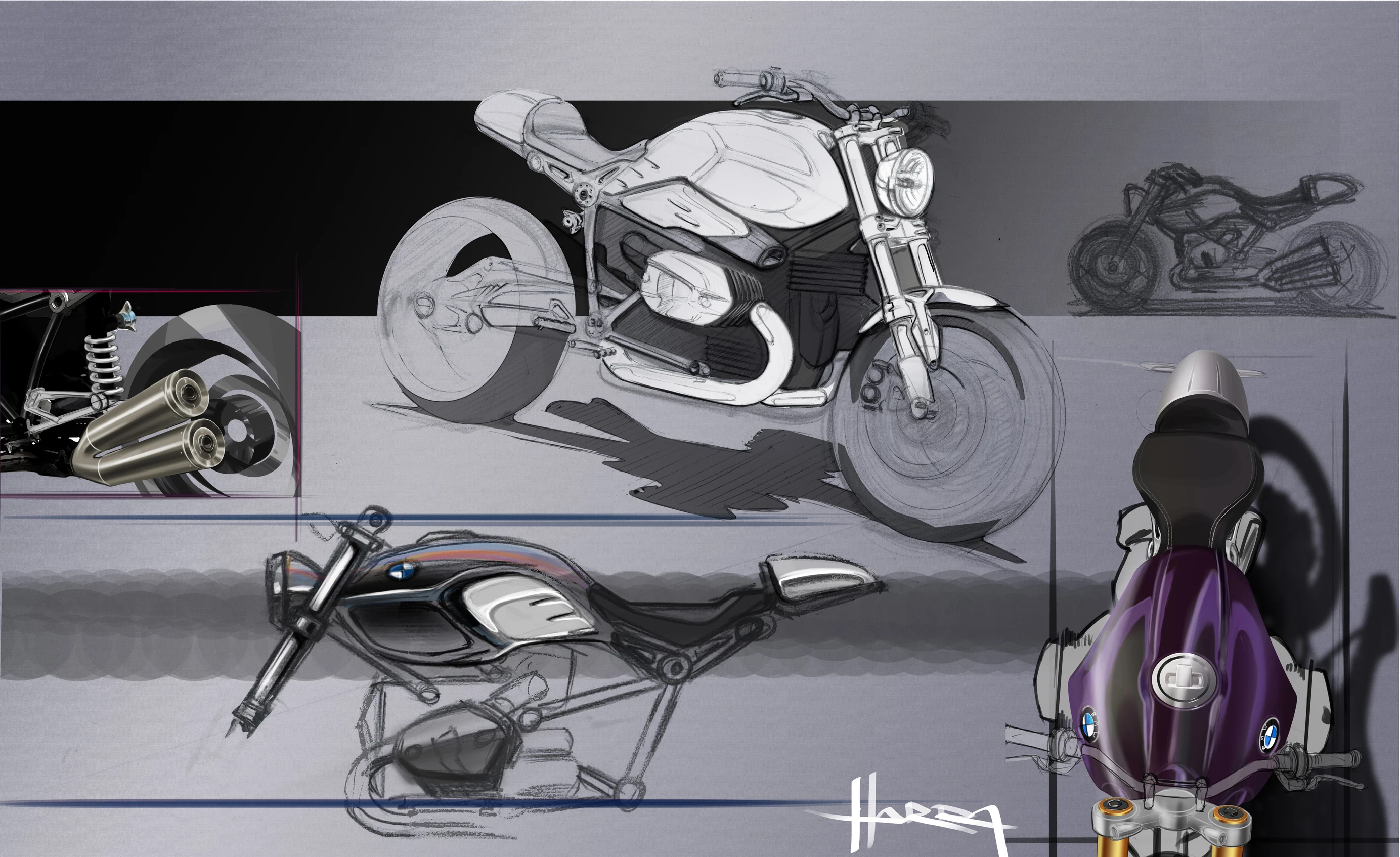 Design sketches from BMW Motorrad's design process which led to the R NineT production model