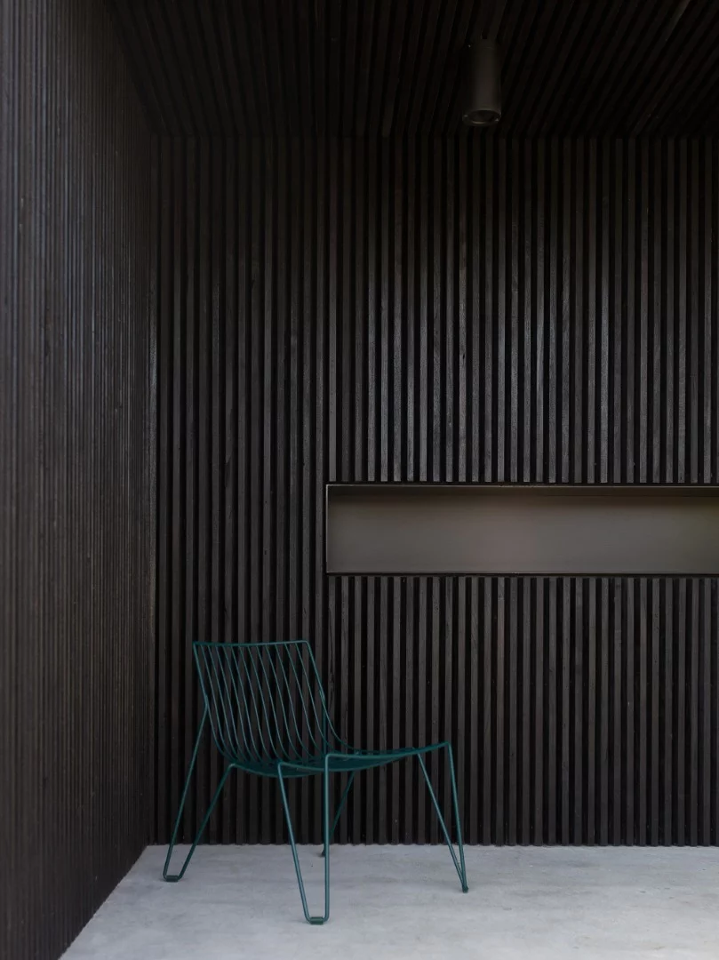Black polished wooden slats clad sections of the home