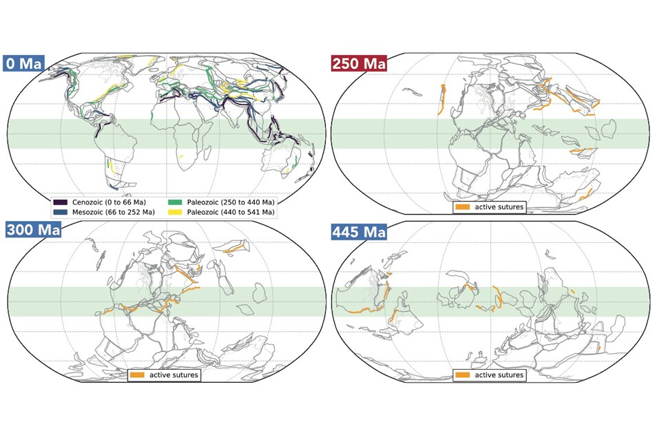 When tectonic sutures (orange lines) form in tropical regions (green belt), they've been found to trigger ice ages