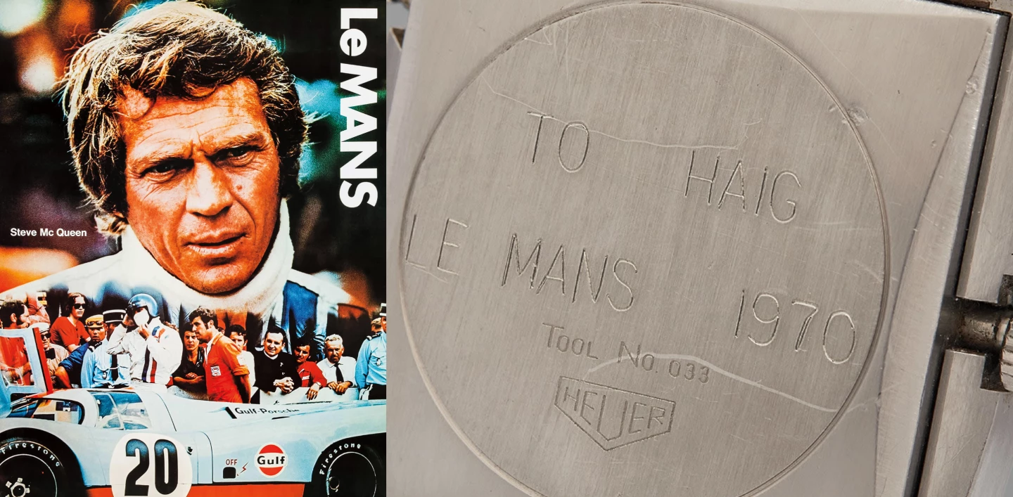 This Tag Heuer Monaco Ref. 1133 watch was worn by Steve McQueen during the filming of the 1971 movie Le Mans. McQueen gave the watch to his personal mechanic Haig Alltounian at the conclusion of filming. That's Alltounian in the red overalls behind McQueen in the Le Mans poster above. While other watches among the original six were almost all worn by McQueen at some stage, this watch is most definitely one of those that was worn during racing and filming and it sold for $2,280,000 at Phillips on December 12, 2020