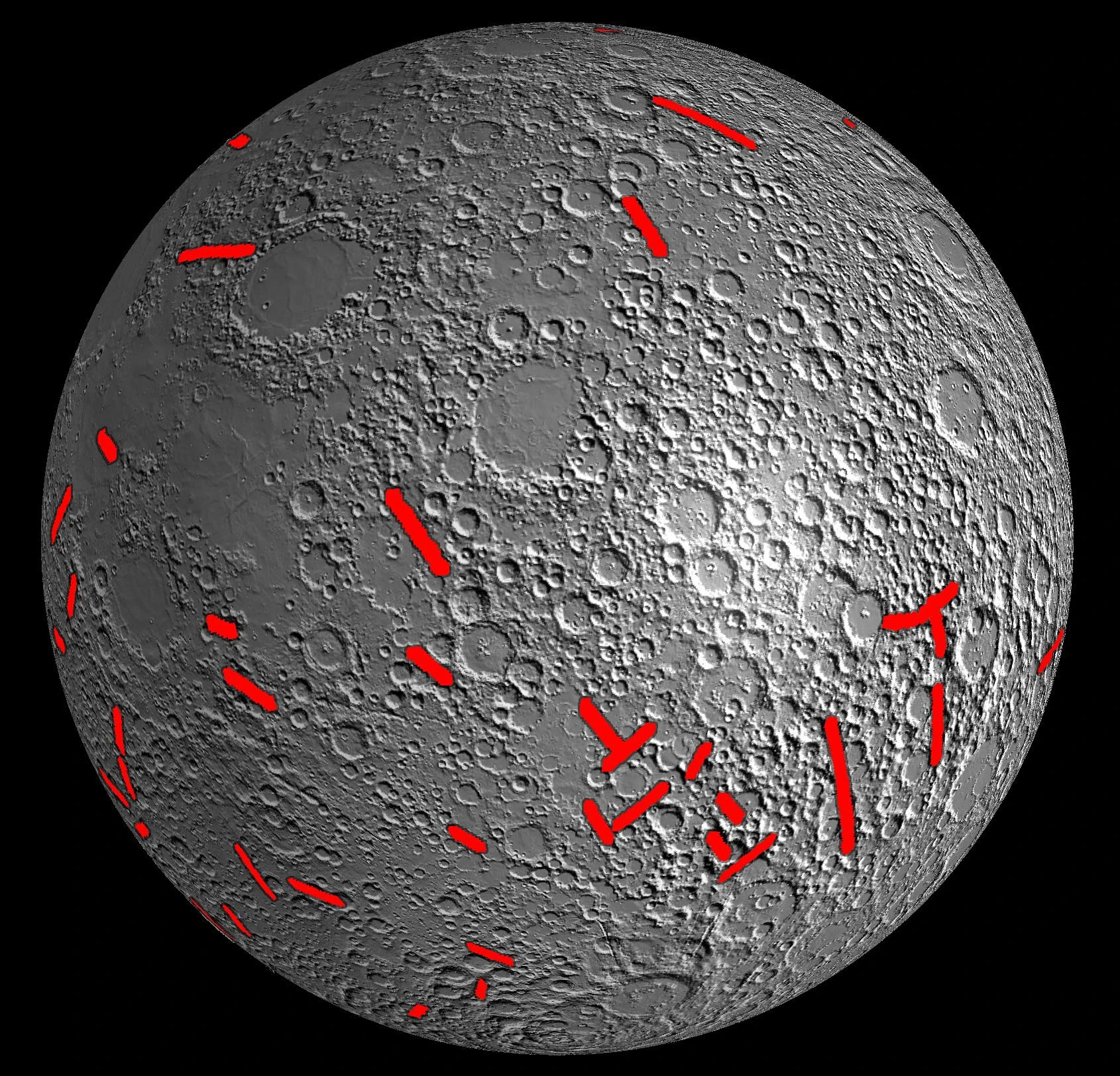 Map of lunar dikes mapped by NASA's GRAIL mission (Image: NASA/JPL-Caltech/CSM)