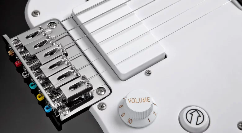 Close up of the pickup on the Squier Strat game controller for Rock Band 3