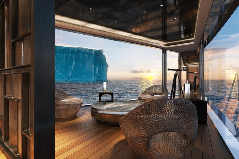 The upper deck observatory offers spectacular views while alsoblurring the lines between where the vessel meets the seas