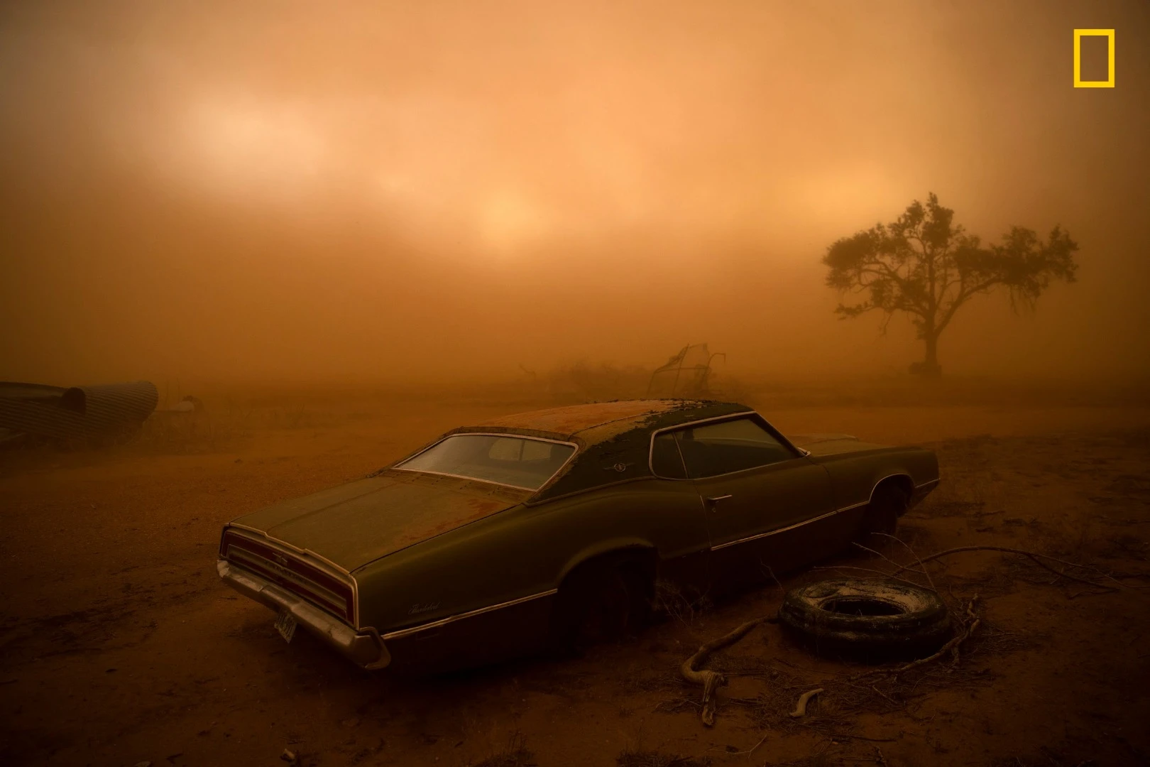 2nd Place - Places. A rusting Ford Thunderbird is blanketed by red dust from a supercell thunderstorm in Ralls, Texas. The dry, plowed fields of the Texas Panhandle made easy prey for the storm, which had winds over 90 miles an hour ripping up the topsoil and depositing it farther south. I was forecasting and positioning a team of videographers and photographers on a storm chase in Tornado Alley—this was our last day of a very successful chase, having witnessed 16 tornadoes over 10 days. The target area for a storm initiation was just south of Amarillo, Texas. Once the storm became a supercell, it moved southbound with outflow winds that were easily strong enough to tear up the topsoil and send it into the air.