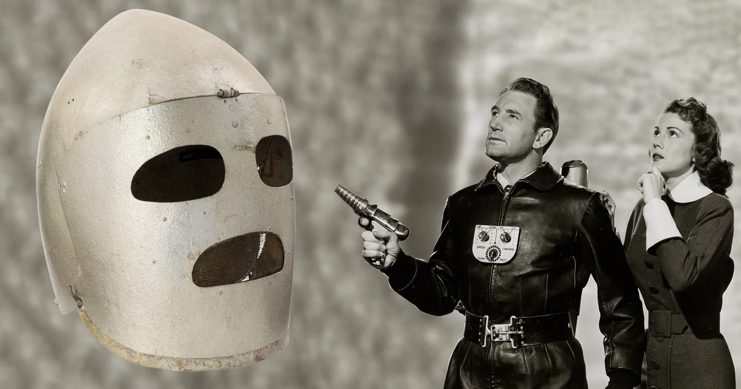 One of the earliest screen space adventure heroes was "Commando Cody", who starred in the "Commando Cody" Serials (Republic, 1952-1953) wearing this helmet with its rough silver finish and metal screen mouth. The helmet sold with a spare face mask for $112,500