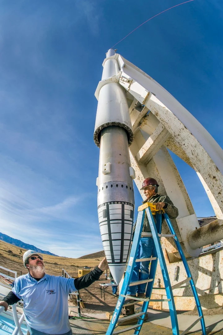 The mock warhead being positioned for the test