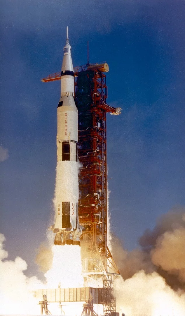 The Saturn V launch vehicle (SA-506) pictured blasting off from the Kennedy Space Center carrying the crew of Apollo 11