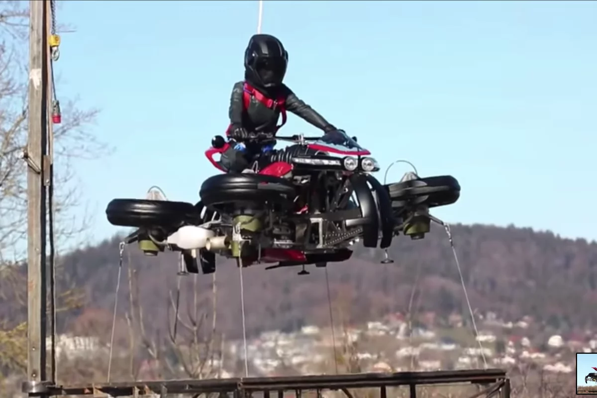 Liftoff! Lazareth's Moto Volante in a stable 1-meter hover on safety tethers