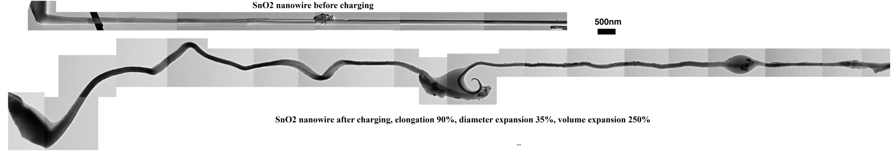 Formerly unobserved increase in length and twist of the anode in a nanobattery (Image: DOE Center for Integrated Nanotechnologies)