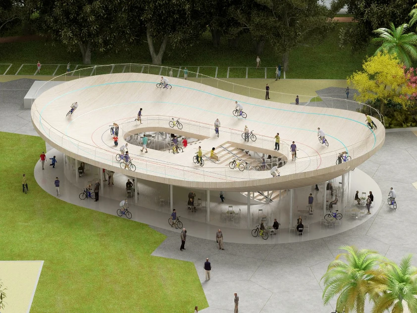 In a move likely to inflict a sudden pang of inadequacy in bicycle clubs the world over, NL Architects has cooked up a concept both radical and supremely simple: a bicycle club with a velodrome on the roof