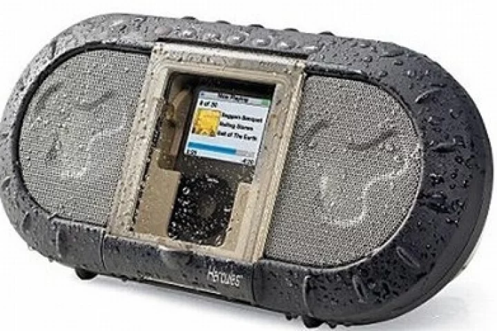 Shockproof, dust and water resistant, the Portable iPod Outdoor Speaker is the ultimate open-air accessory