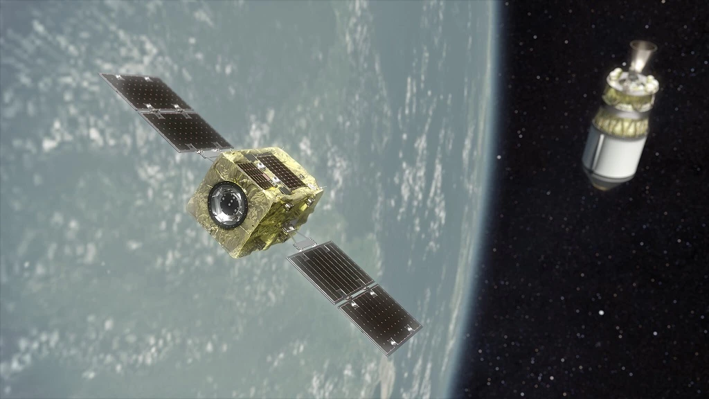 A render of Astroscale's ADRAS-J satellite approaching a spent upper stage rocket