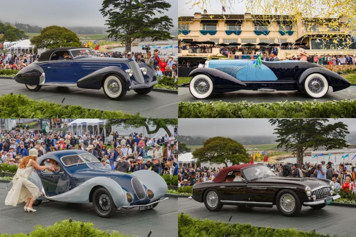 The four finalists for top honours at the 71st Pebble Beach Concours d’Elegance, from top left clockwise: 1930 Duesenberg J Graber Cabriolet; the winning 1932 Duesenberg J Figoni Sports Torpedo; a 1951 Talbot-Lago T26 Grand Sport Stabilimenti Farina Cabriolet; and a 1937 Talbot-Lago T150C-SS Figoni & Falaschi Teardrop Coupé