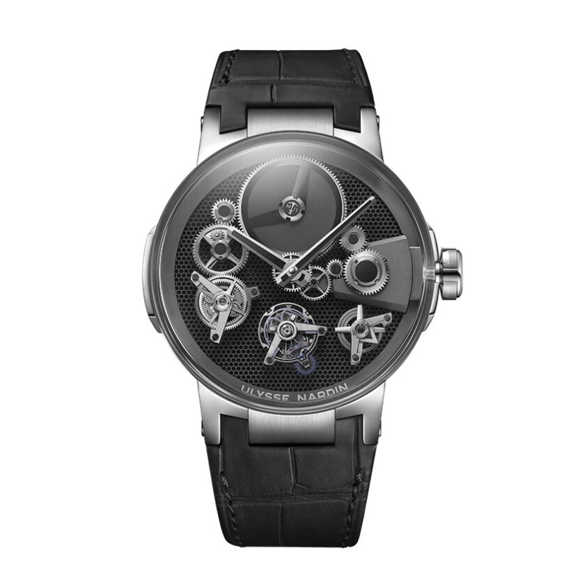 The Ulysses Nardin Executive Tourbillon Free Wheel is a available in white and rose gold