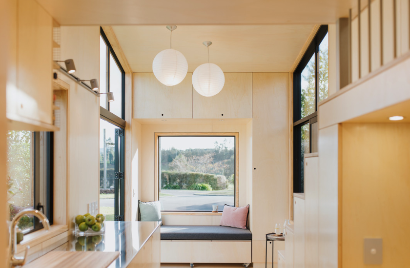 The First Light Tiny House's interior is finished in poplar and birch plywood