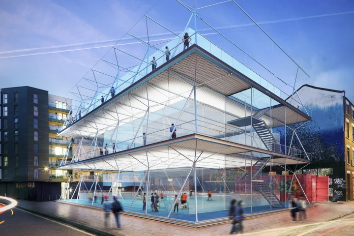 The caged design of Pitch/Pitch means passersby can see into the courts, while walkways around the pitches allow spectators to watch ongoing games