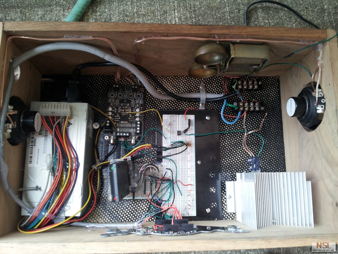 At the heart of the machine is a custom Arduino board supplied by Red Bull called the Bullduino, which is connected to a number of components, including a pair of speakers via a 30W amp and a bell