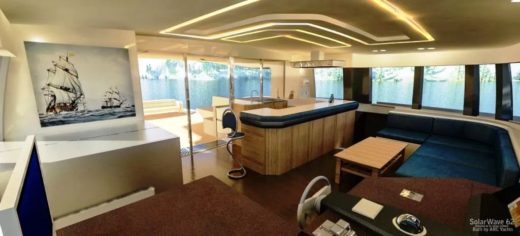 Solarwave 62' comes complete with full kitchen and lounge, three to five guest cabins, an additional cabin for crew, rear and front sun decks and ample outdoor dining