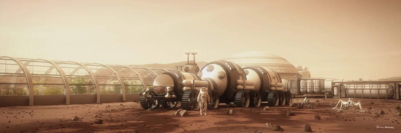 The equipment required for settlement and activities are quite different as the primary work needs to focus on building the infrastructure to keep settlers alive and establish the life support systems (Image: Bryan Versteeg / Spacehabs.com)