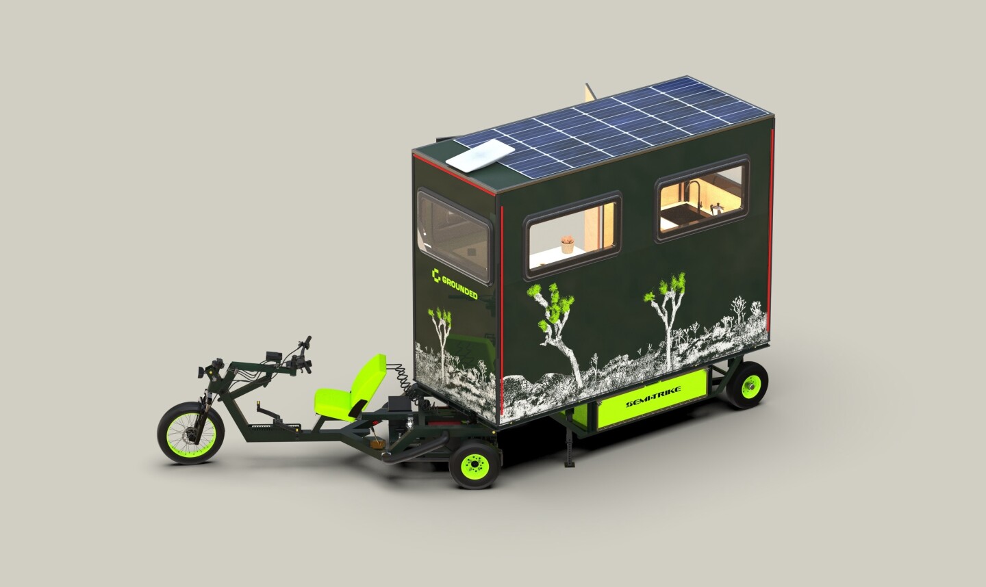 The Grounded T1 e-trike micro-camper measures 17 feet (5.2 m) in total length