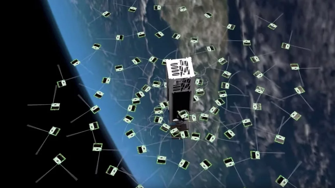 An artist’s rendering of the deployment of ChipSats from a shoebox-sized CubeSat