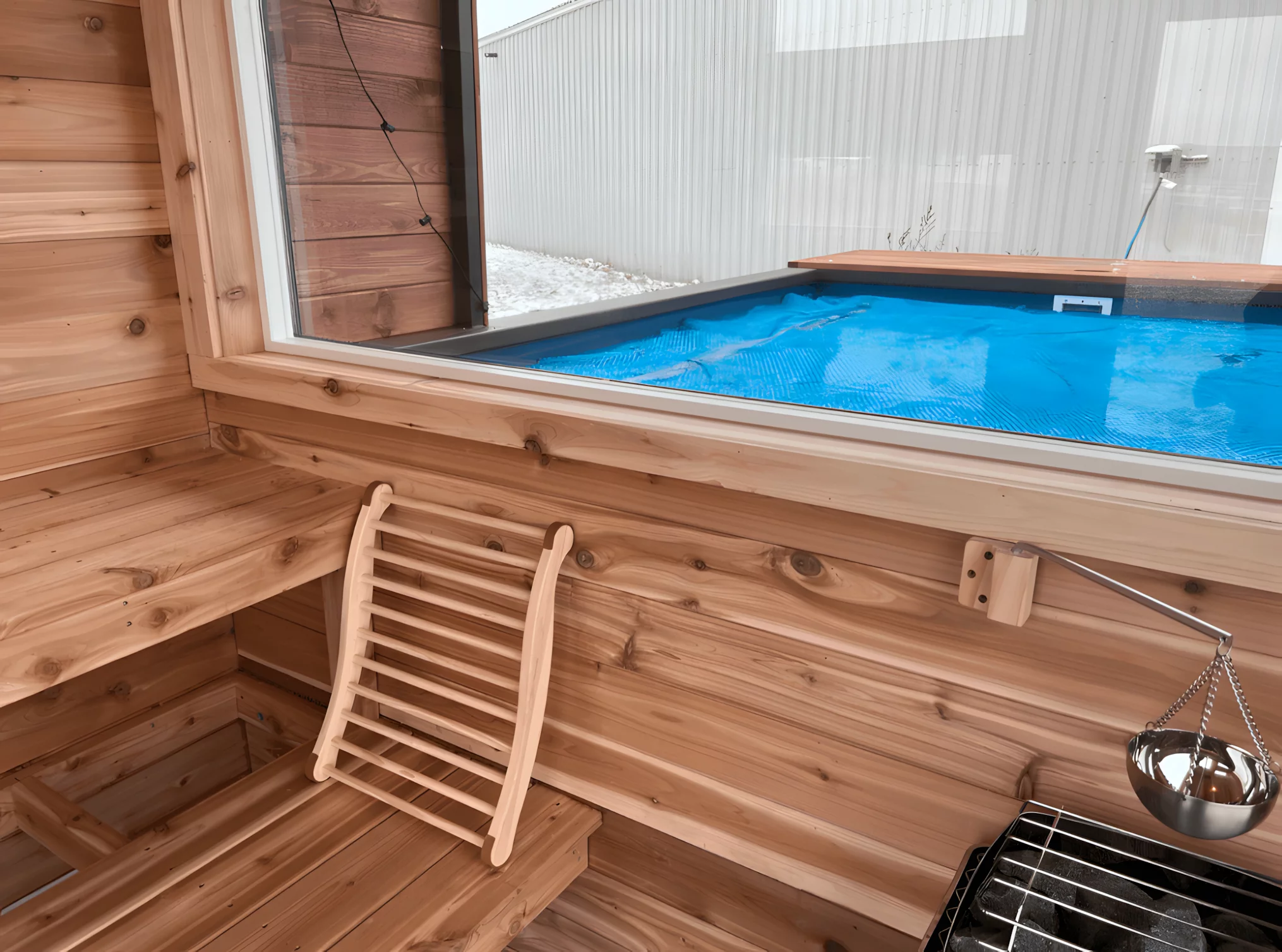 The SaunaPlunge Container's pool has a capacity of 1,800 gallons (almost 8,200 liters)