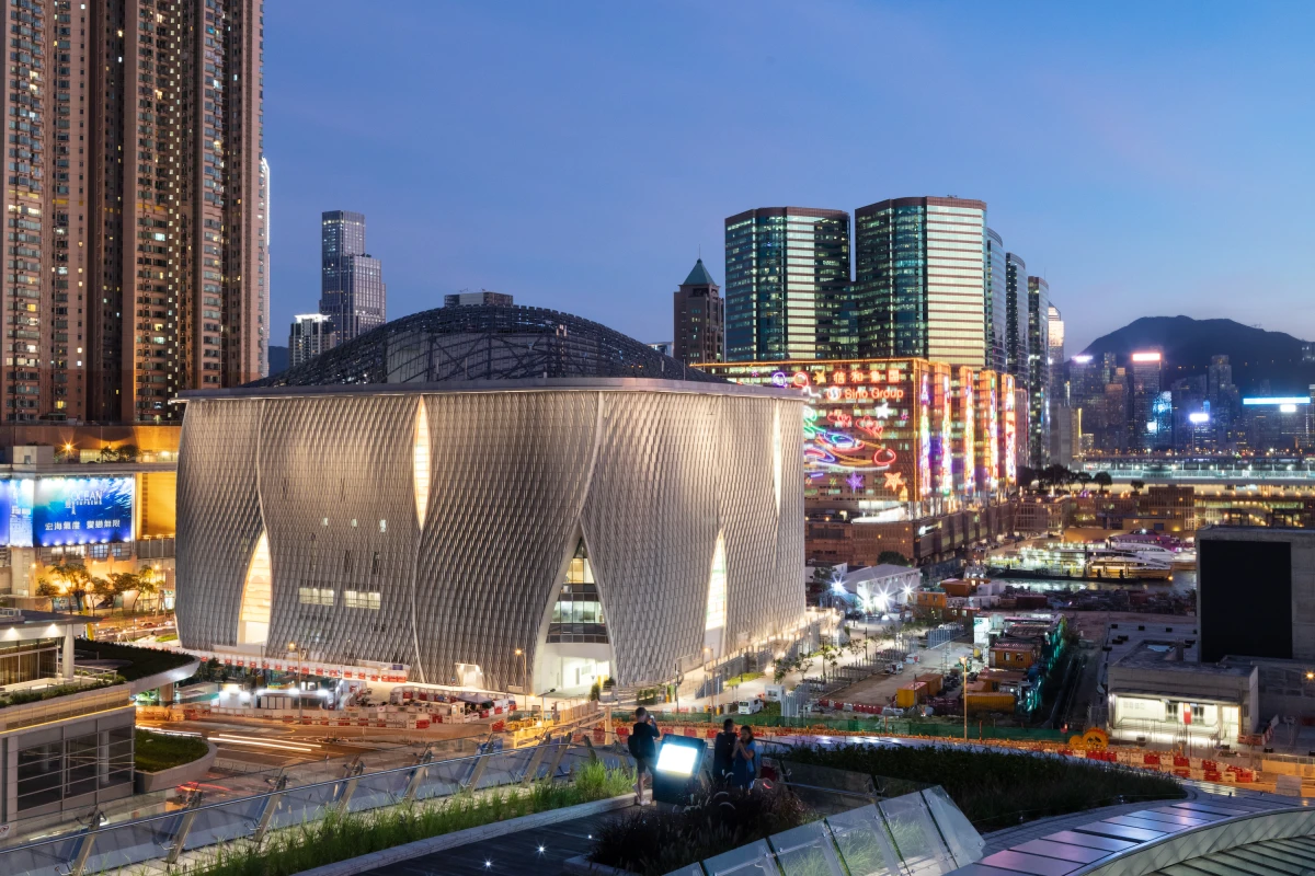 The Xiqu Centre's exterior comprises a modular system of scaled aluminum that was CNC-cut from untreated marine-grade piping