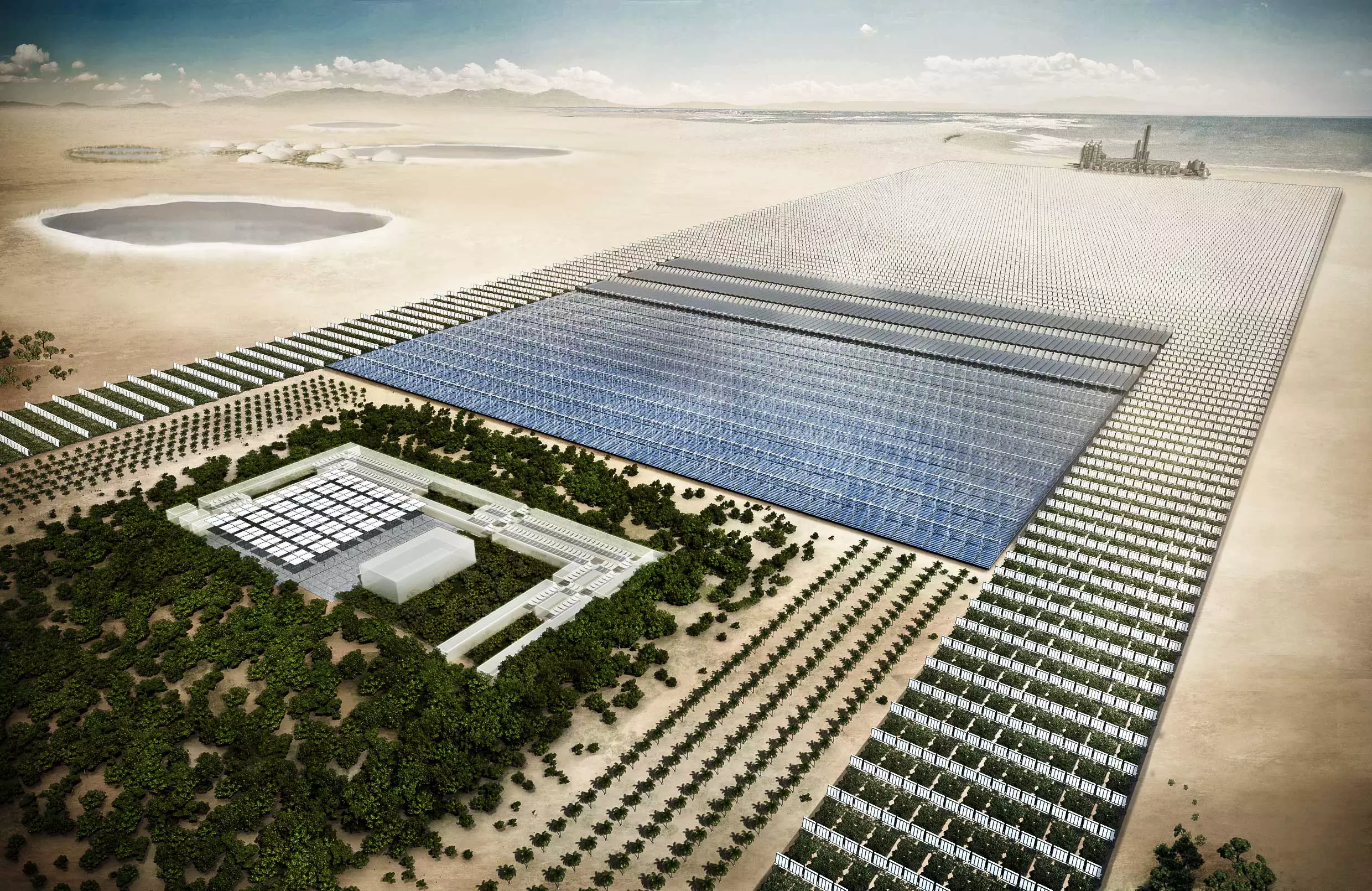 Conceptual illustration of the Sahara Forest Project that will produce fresh water, electricity and food in the desert (Image: Sahara Forest Project Foundation / Screenergy)