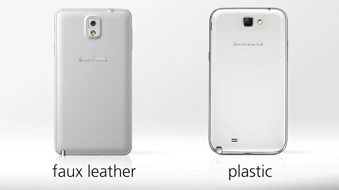The new model is probably still made of plastic, but its pleather is a change of pace from the older Note's glossy plastic finish