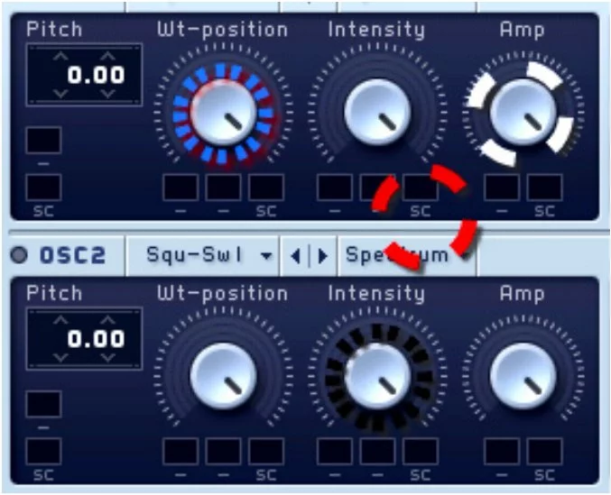 An unmodified version of the Native Instruments MASSIVE Synthesizer with the circular cursor overlay of four FlexiKnobs
