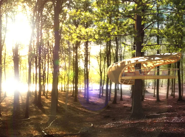 Designed by Canadian studio Farrow Partnership Architects, the eco-huts are designed to be suspended in the tree tops overlooking Georgian Bay