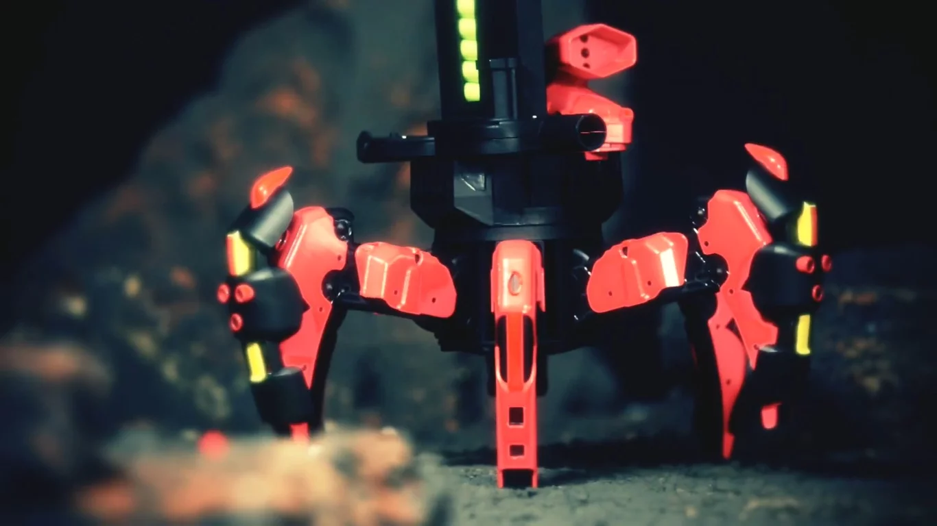 Different attachments that can be fitted to the top to fire foam darts, discs, or ping pong balls from the toy robot