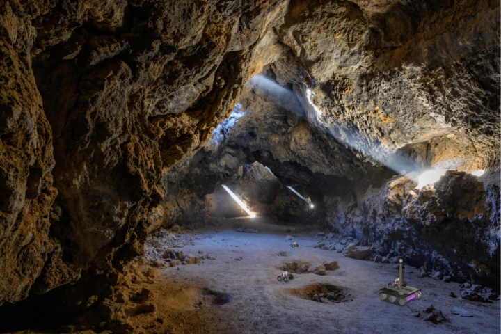A depiction of a mother rover (lower right) deploying smaller breadcrumb-dropping rovers to explore a cave system