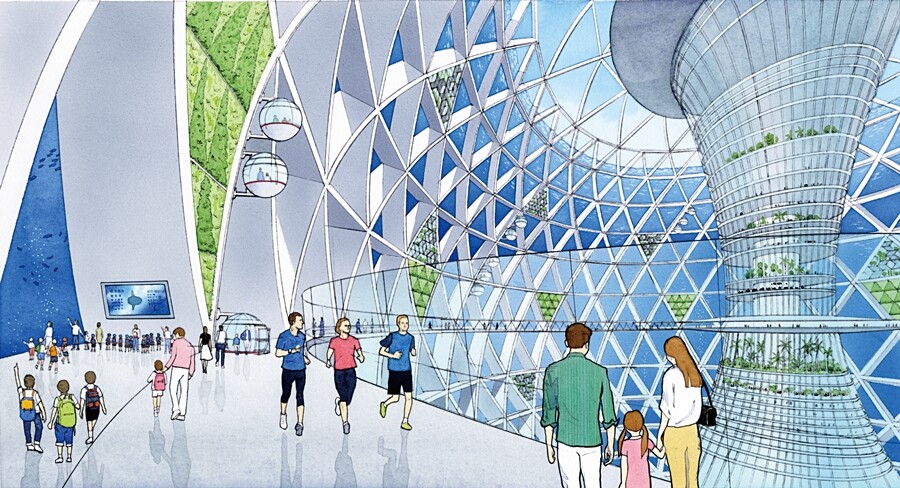 There is a walkway around the perimeter of the Blue Garden