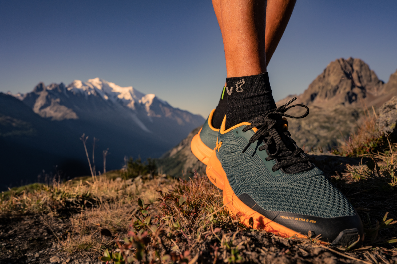 The Inov-8 Trailfly Ultra G 280 also has a knit upper, graphene-enhanced rubber outsole lugs and adapter flex groove